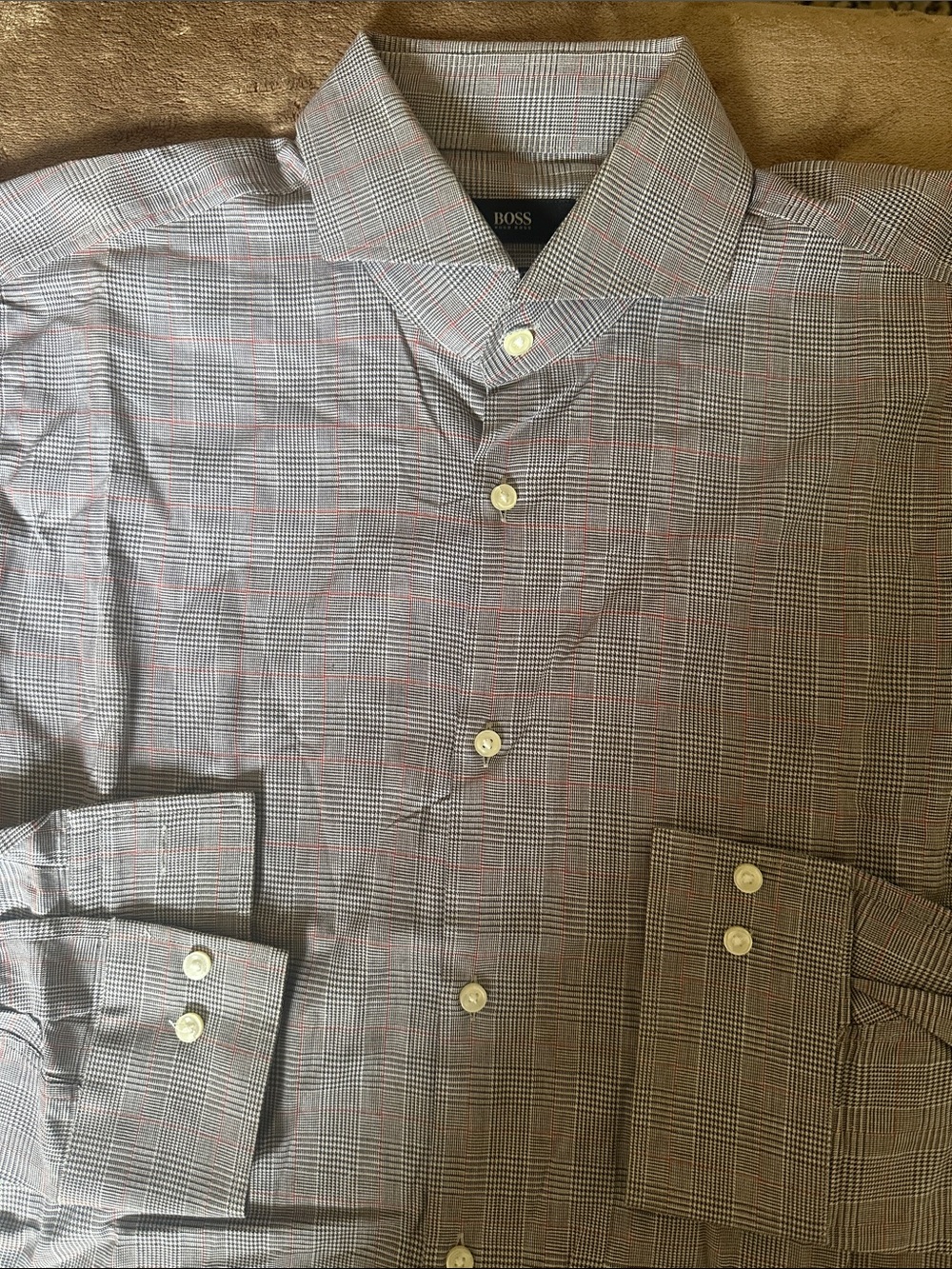 Hugo Boss Slim Fit Multicolor Plaid Check Brown Red Accent Men’s Dress Shirt 16